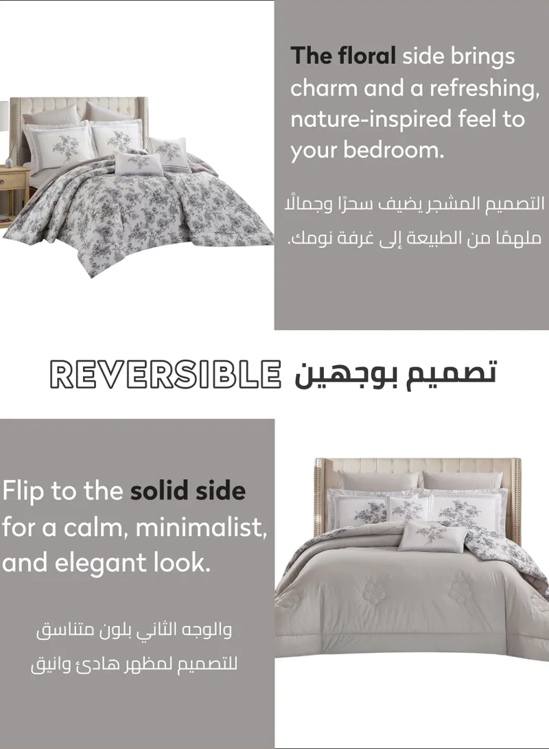 Donetella Cotton Comforter Set 4-Pcs Single Size All Season Reversible Floral Printed Bed Fits(120 X 200 Cm) With 350 GSM Down ALternative Filling,Grey Goose