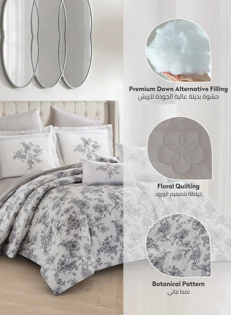 Donetella Cotton Comforter Set 4-Pcs Single Size All Season Reversible Floral Printed Bed Fits(120 X 200 Cm) With 350 GSM Down ALternative Filling,Grey Goose