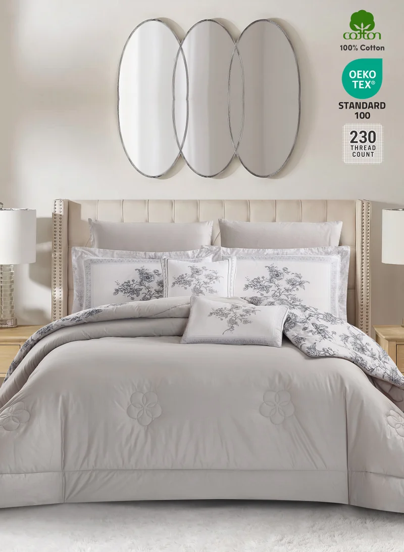 Donetella Cotton Comforter Set 4-Pcs Single Size All Season Reversible Floral Printed Bed Fits(120 X 200 Cm) With 350 GSM Down ALternative Filling,Grey Goose