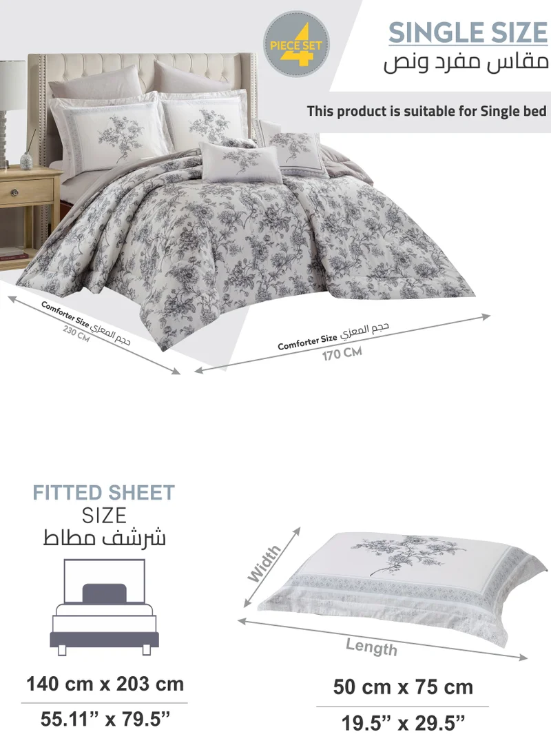 Donetella Cotton Comforter Set 4-Pcs Single Size All Season Reversible Floral Printed Bed Fits(120 X 200 Cm) With 350 GSM Down ALternative Filling,Grey Goose