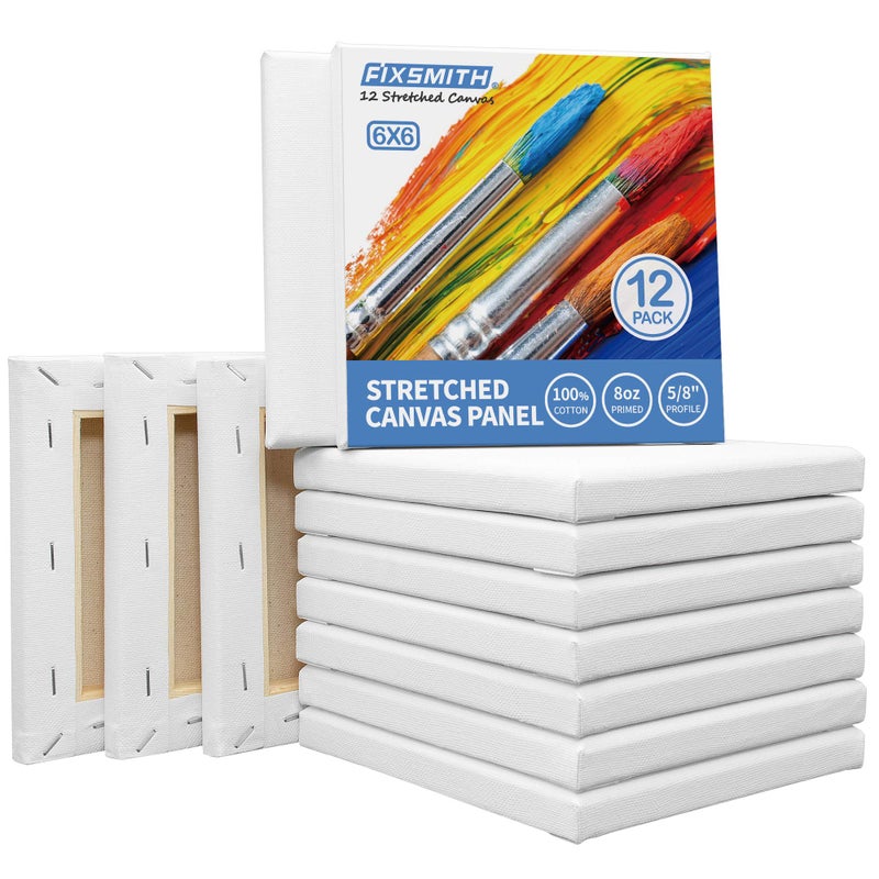 FIXSMITH Stretched White Blank Canvas 6 x 6 InchBulk Pack of 12Primed100 Cotton58 Inch Profile of Super Value Pack for AcrylicsOils  Other Painting Media