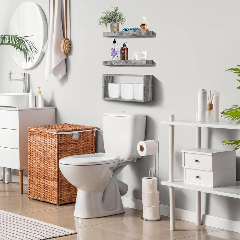 Sorbus Floating Shelves for Wall 3-Piece Set - Bathroom Shelves for Wall Storage, Above Toilet, Bedroom, Farmhouse, Decor - 2 Floating Shelves with Invisible Brackets & 1 Rectangular Box, Grey - Image 2