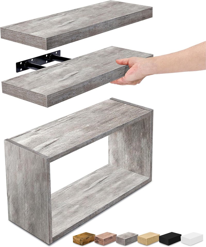 Sorbus Floating Shelves for Wall 3-Piece Set - Bathroom Shelves for Wall Storage, Above Toilet, Bedroom, Farmhouse, Decor - 2 Floating Shelves with Invisible Brackets & 1 Rectangular Box, Grey - Image 1