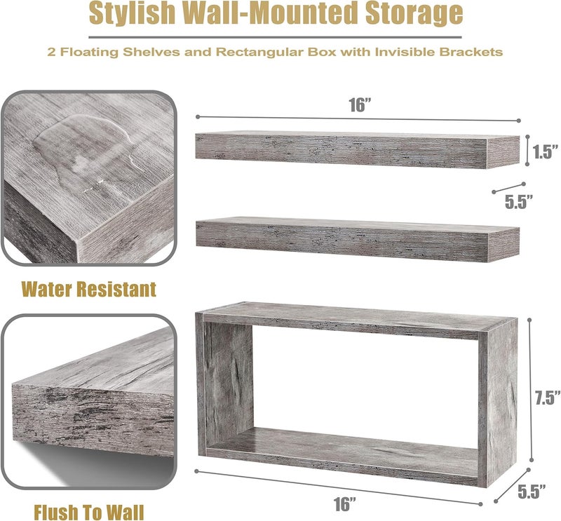 Sorbus Floating Shelves for Wall 3-Piece Set - Bathroom Shelves for Wall Storage, Above Toilet, Bedroom, Farmhouse, Decor - 2 Floating Shelves with Invisible Brackets & 1 Rectangular Box, Grey - Image 3