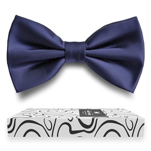 Adam Young Men's Navy Blue Bow Tie Pre-Tied Style Formal Satin Classic Bowtie for Tuxedo Faux Silk (Large, Navy Blue) - Image 1
