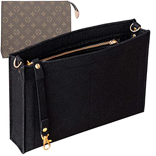 Soyizom Toiletry Pouch - 26cm Bag Organizer Insert, Felt Purse Organizer Insert for Ladies Tote Handbag Liner with Keychain & Gold Buckle & Zip (Large, Black) - Image 1