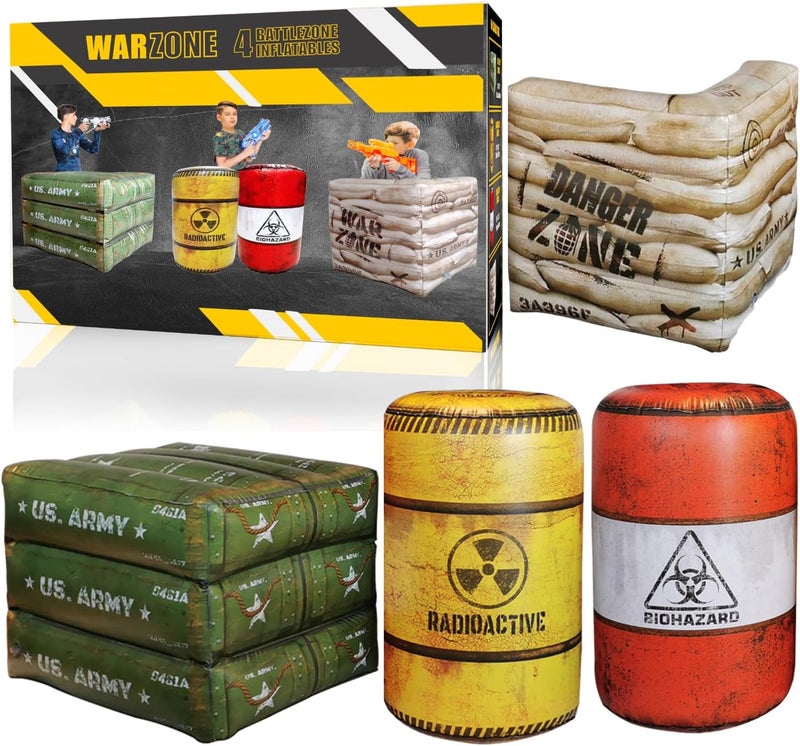 NINOSTAR Package 4 Combat Battlefield Inflatables, Compatible with Nerf, Laser tag, Water Gun for Boys Birthday Party Activities and Decoration. Premiume Pack Include Water chember and Repair kit. - Image 1