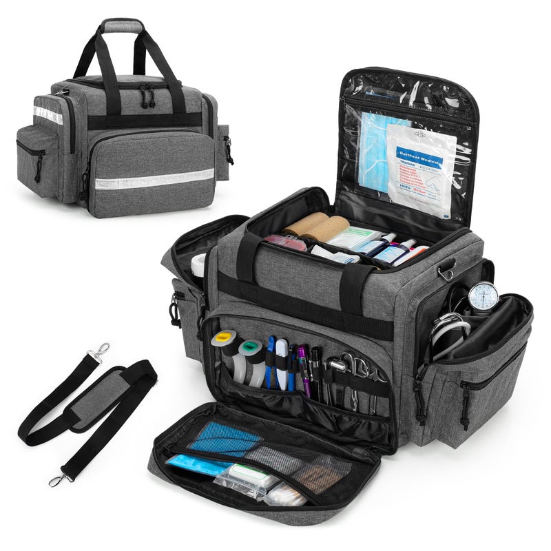 حقيبة طبية مهنية داميرو فارغة لحالات الطوارئ مع فواصل قابلة للفصل للرعاية الصحية المنزلية EMT EMS رمادي فقط الحقيبة