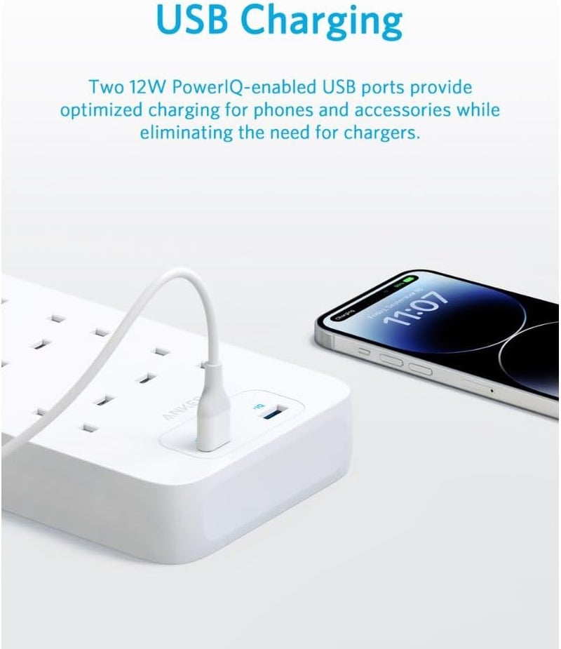 Anker 342 Power Strip with 8 AC Outlets & 2 USB Ports (12W Extension), PowerIQ Technology, Surge Protection, Fire-Resistant Casing, 1.8m Cable, Wall Mountable, for Home and Office - Image 3