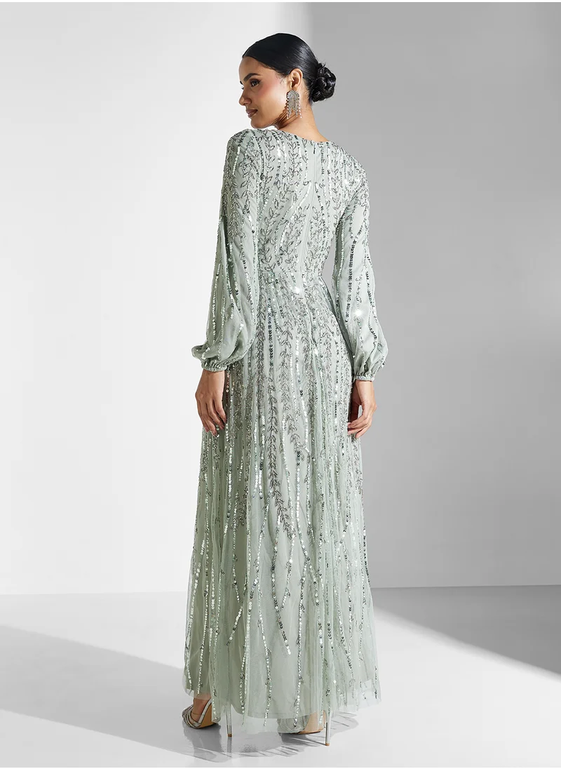 MARYISA Embellished Sequins Maxi Dress