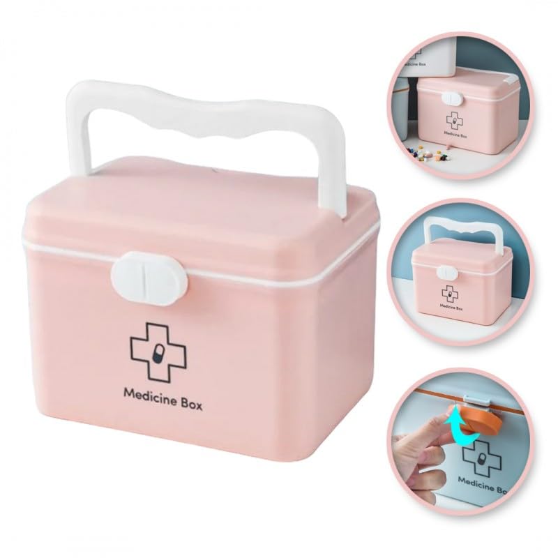 IMUU Medicine Box First Aid Storage Box Double Layer With Handle And Safety Buckle Portable Medicine Box Removable Tray For Multi Function Family Emergency Home Office Pink - Image 5