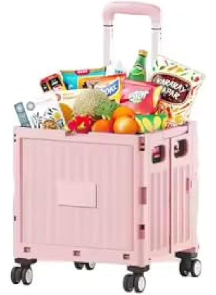 DUNISO Foldable Shopping Cart with Lid, Wheels and Telescopic Handle, Portable Grocery Storage Box for Office, Travel, Picnic (Pink) 38*32.5*39cm - Image 1