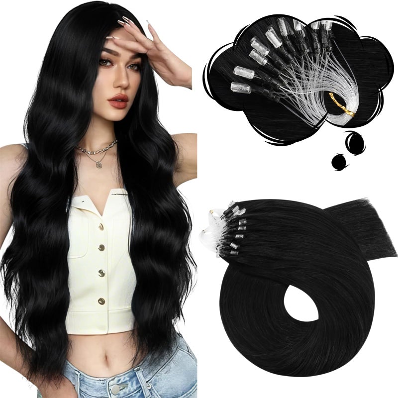 Moresoo Microlink Hair Extensions Human Hair Jet Black Micro Bead Hair Extensions Real Human Hair Black Micro Link Extensions for Women 50G/50S 24 Inch - Image 1