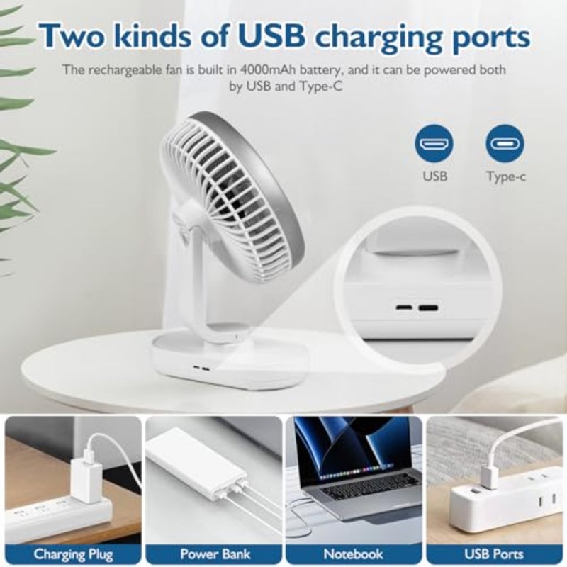 Small Desk Fan for Bedroom: ABS plastic, white, 4000mAh battery-powered rechargeable with 90 vertical tilt and 120 oscillation, 4-speed quiet air circulator for home office - Image 3