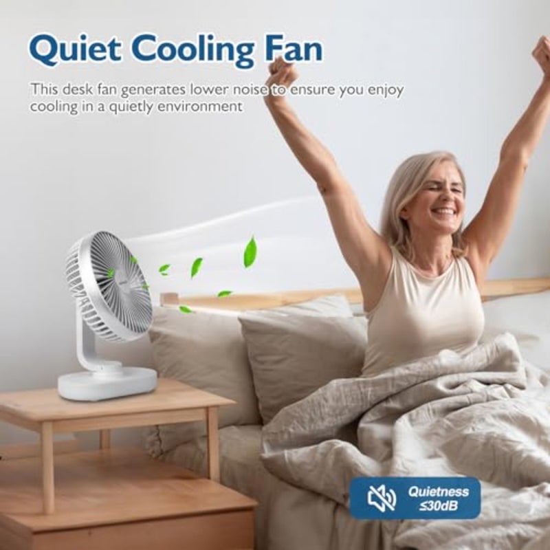 Small Desk Fan for Bedroom: ABS plastic, white, 4000mAh battery-powered rechargeable with 90 vertical tilt and 120 oscillation, 4-speed quiet air circulator for home office - Image 4