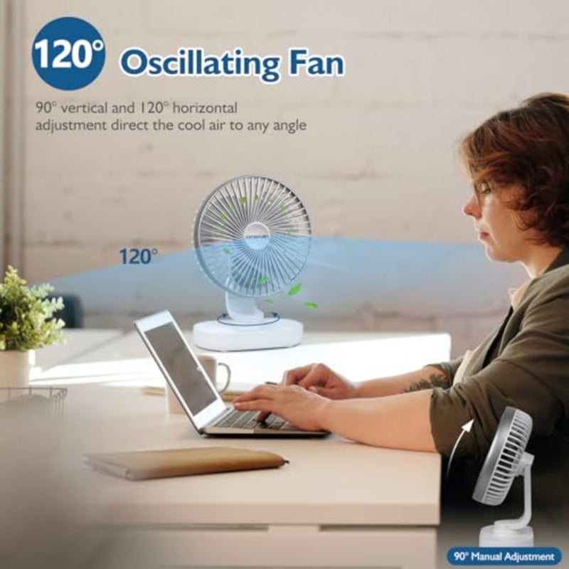 Small Desk Fan for Bedroom: ABS plastic, white, 4000mAh battery-powered rechargeable with 90 vertical tilt and 120 oscillation, 4-speed quiet air circulator for home office - Image 5