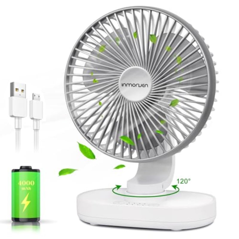 Small Desk Fan for Bedroom: ABS plastic, white, 4000mAh battery-powered rechargeable with 90 vertical tilt and 120 oscillation, 4-speed quiet air circulator for home office - Image 1