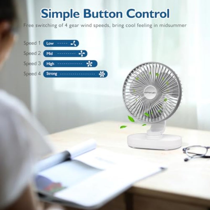 Small Desk Fan for Bedroom: ABS plastic, white, 4000mAh battery-powered rechargeable with 90 vertical tilt and 120 oscillation, 4-speed quiet air circulator for home office - Image 2