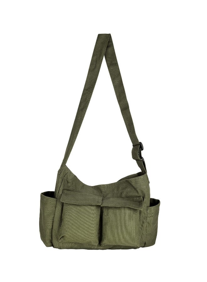 SYOSI Canvas Shoulder Tote Bag with Multiple Pockets Large Hobo Crossbody Bag Simple Canvas Messenger Bag Crossbody Handbag Casual Canvas Tote Bag for Women and Men, Army Green - Image 1