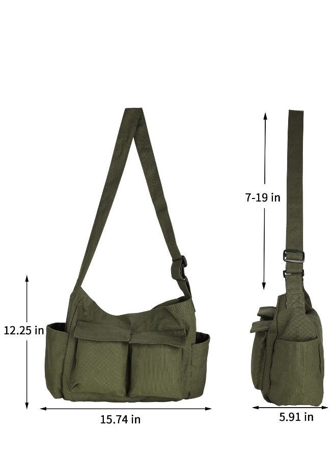 SYOSI Canvas Shoulder Tote Bag with Multiple Pockets Large Hobo Crossbody Bag Simple Canvas Messenger Bag Crossbody Handbag Casual Canvas Tote Bag for Women and Men, Army Green - Image 2
