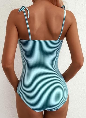 Herseas Women's One Piece Bathing Suits High Cut Removable Pad 2026 Summer Slimming Full Coverage Swimsuits Striped Chic Sweetheart Neck Ruffled Trim Beach Outfits for Teens Light Green Stripe Small - Image 2