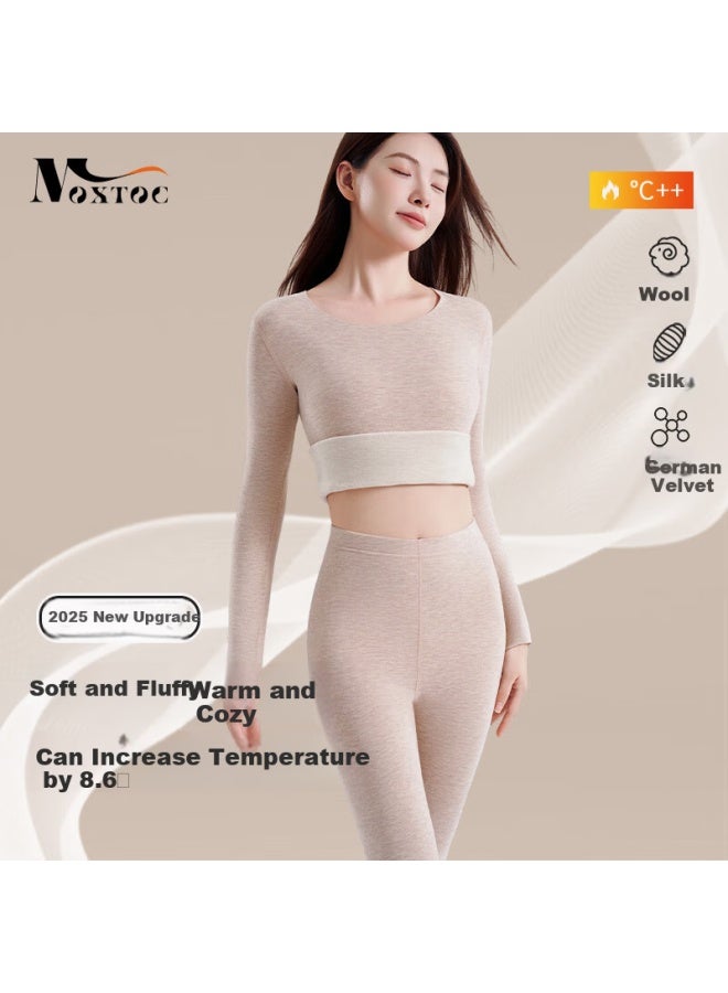 Moxtoc Luxury Thermal Warm Set Women Autumn Winter Wool Cold-resistant Silk Soft Cotton Fleece Lined Top And Thermal Pants - Image 1