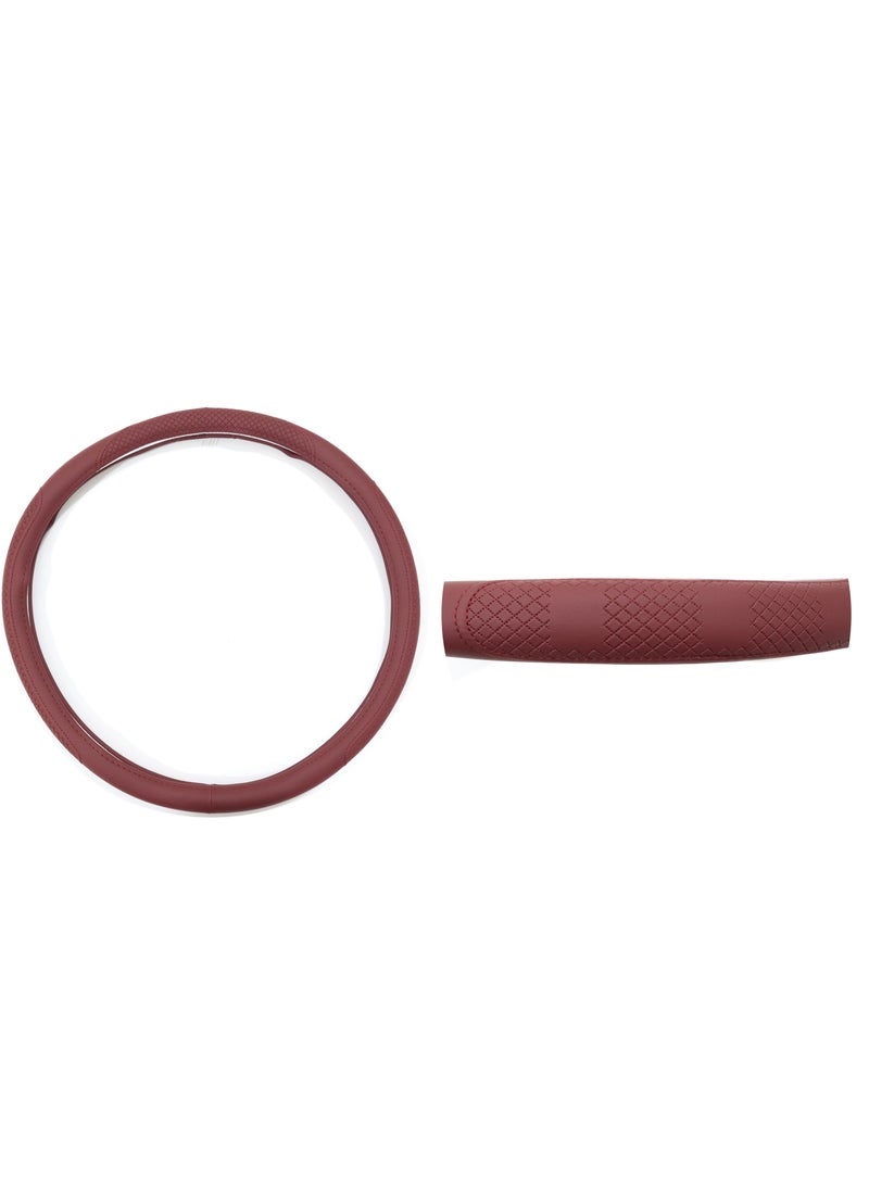 Universal Car Fit Steering Wheel Cover Soft Maroon Leather 50, Breathable & Non-Slip, Maroon Thread, 38Cm