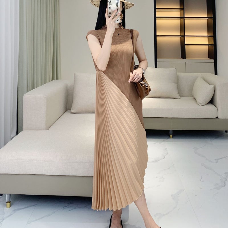 Miyake Design Sense Irregular Pleated dress Womens 24 New Elegant Elegant Stitching Pleated Sleeveless Dress Black - Image 5