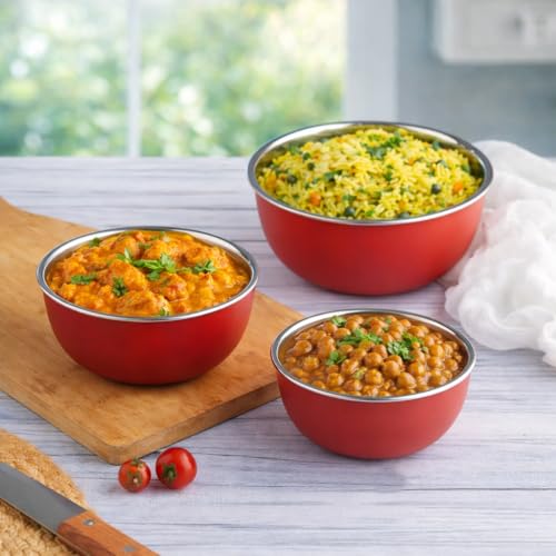 Zaib Microwave Safe Stainless Steel Mixing Bowl with lid for Kitchhen Food StoragePack of 3 (Red3_Plain_WL) - Image 2