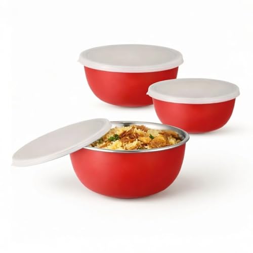 Zaib Microwave Safe Stainless Steel Mixing Bowl with lid for Kitchhen Food StoragePack of 3 (Red3_Plain_WL) - Image 1