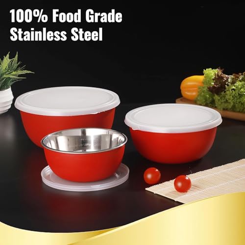 Zaib Microwave Safe Stainless Steel Mixing Bowl with lid for Kitchhen Food StoragePack of 3 (Red3_Plain_WL) - Image 3