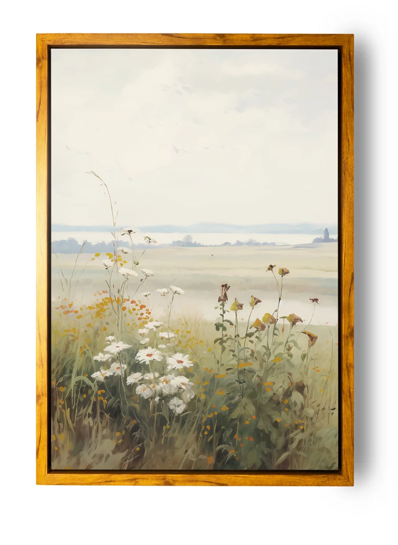 LOWHA Canvas Wall Art Stretched Over Wooden Frame with Wooden Color Floating Frame and Vintage Style Flowers View Painting