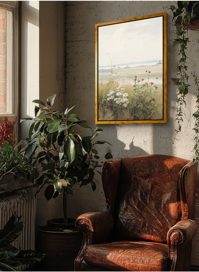 LOWHA Canvas Wall Art Stretched Over Wooden Frame with Wooden Color Floating Frame and Vintage Style Flowers View Painting  - Image 3