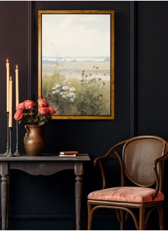 LOWHA Canvas Wall Art Stretched Over Wooden Frame with Wooden Color Floating Frame and Vintage Style Flowers View Painting  - Image 5