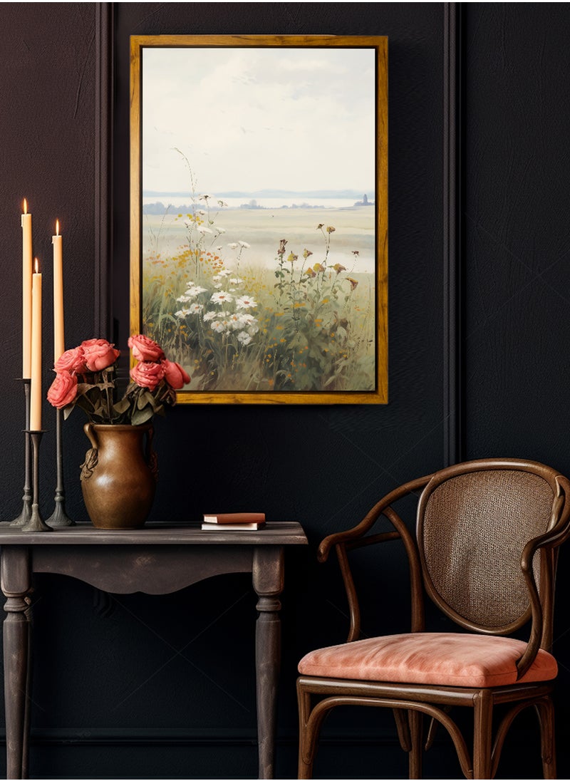 LOWHA Canvas Wall Art Stretched Over Wooden Frame with Wooden Color Floating Frame and Vintage Style Flowers View Painting  - Image 5