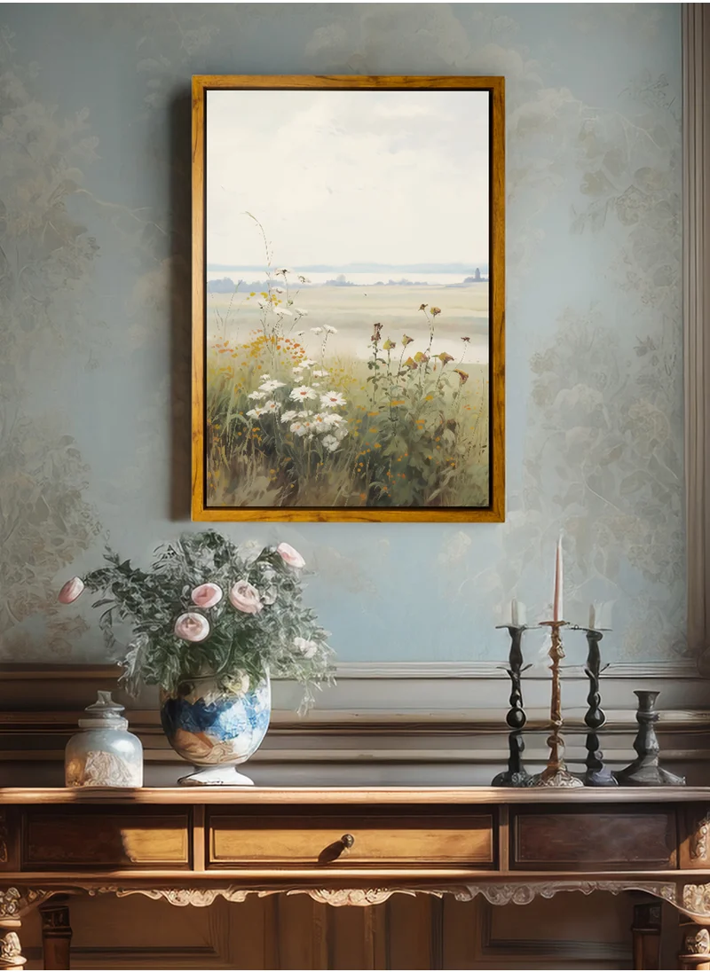 LOWHA Canvas Wall Art Stretched Over Wooden Frame with Wooden Color Floating Frame and Vintage Style Flowers View Painting