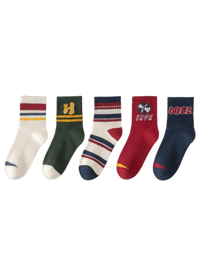 Urban Beauty Kids Boys Four Seasons Mid-calf Cotton Socks High Elastic Comfortable Student Casual Sports Socks 5 Pairs 2XL