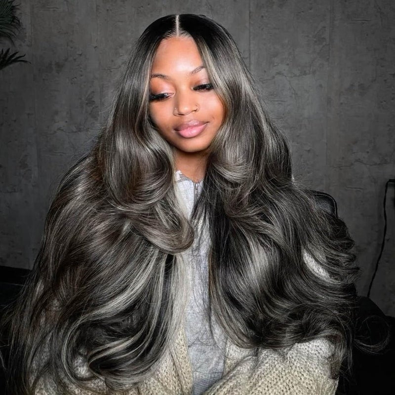 RINA Upgrade Black with Brown Blonde Highlight Wig Human Hair 210 Density 13x4 HD Body Wave Luxury Balayage Blonde Highlight Wig 12A Grade Raw Hair Pre Plucked Ombre Lace Front Wig for Women 26 Inch