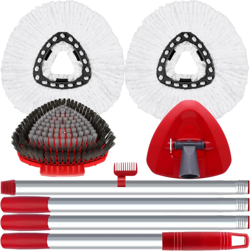 Fatmass 2 Pack Spin Mop Heads Replacement for O Cedar 1 Tank, Upgraded Scrub Brush,1 Mop Handle and 1 Mop Base Combo Set,Red Microfiber Mop Replace Head Refill - Image 1