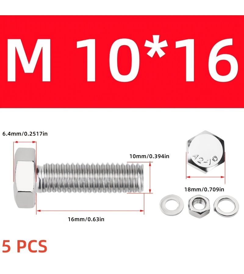 M10 25mm 304 Stainless Steel Hex Bolt Screw Set With Washers And Nut - Image 5