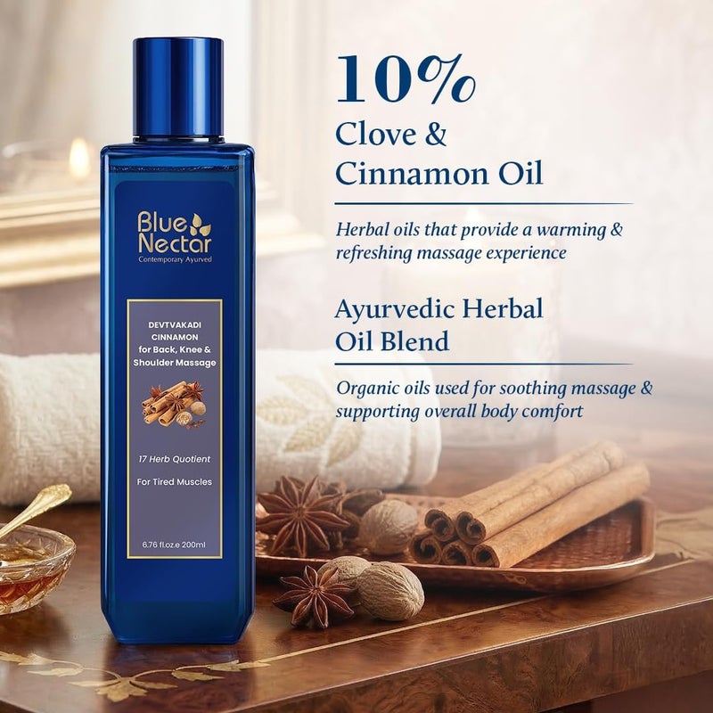 Blue Nectar Ayurvedic Body Massage Oil with Cinnamon & Clove | Herbal Body Oil for Relaxing Body Massage & Skin Nourishment (17 Herbs, 200ml) - Image 3