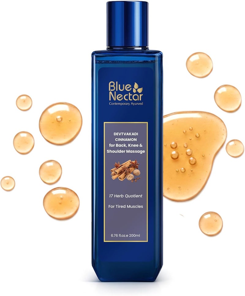 Blue Nectar Ayurvedic Body Massage Oil with Cinnamon & Clove | Herbal Body Oil for Relaxing Body Massage & Skin Nourishment (17 Herbs, 200ml) - Image 1