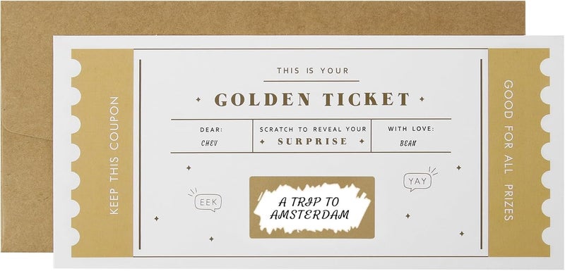 CJ&M The Golden Ticket | Scratch & reveal surprise ticket, Golden ticket, Scratch Card, Surprise holiday, Gift reveal, Surprise gift - Image 1