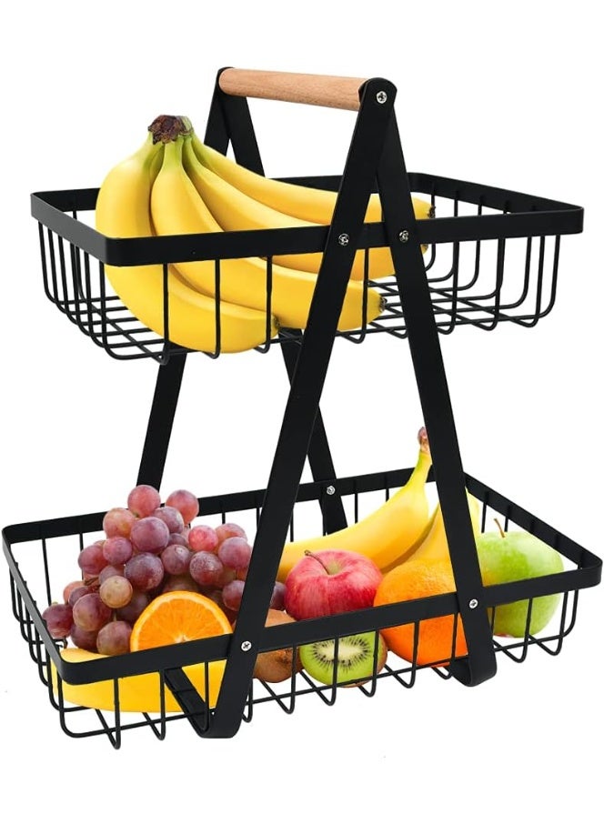 حامل فاكهة معدني دورين بتصميم سلة شبك مع يد خشب – منظم فواكه وخضروات للمطبخ متعدد الاستخدامات – ستاند تخزين أنيق للطاولة والمطبخ - Image 1