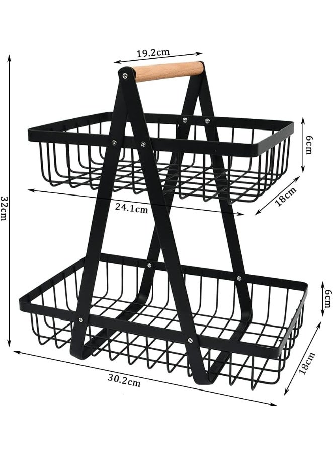 حامل فاكهة معدني دورين بتصميم سلة شبك مع يد خشب – منظم فواكه وخضروات للمطبخ متعدد الاستخدامات – ستاند تخزين أنيق للطاولة والمطبخ - Image 2