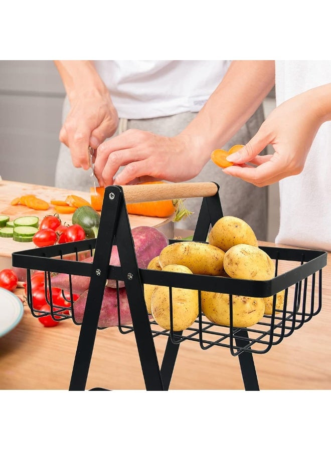 حامل فاكهة معدني دورين بتصميم سلة شبك مع يد خشب – منظم فواكه وخضروات للمطبخ متعدد الاستخدامات – ستاند تخزين أنيق للطاولة والمطبخ - Image 3