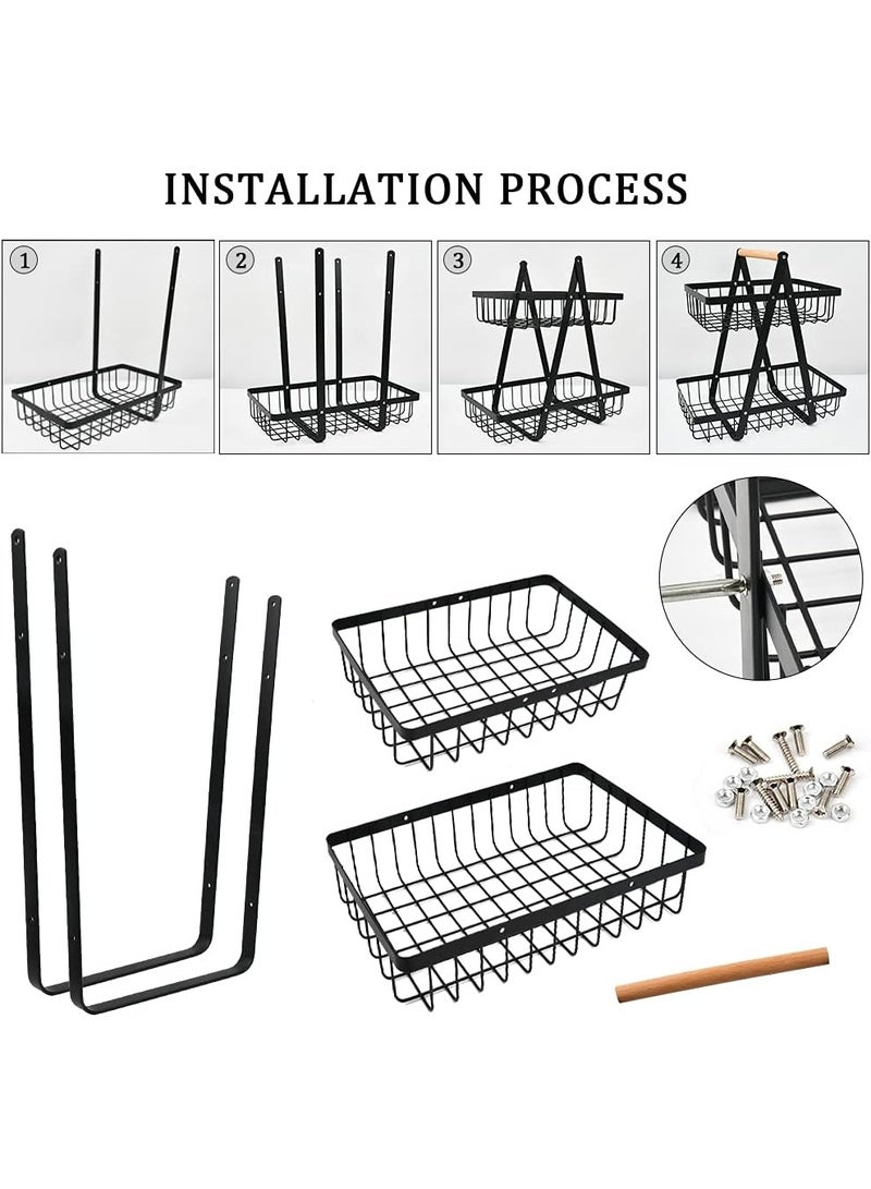 حامل فاكهة معدني دورين بتصميم سلة شبك مع يد خشب – منظم فواكه وخضروات للمطبخ متعدد الاستخدامات – ستاند تخزين أنيق للطاولة والمطبخ - Image 4