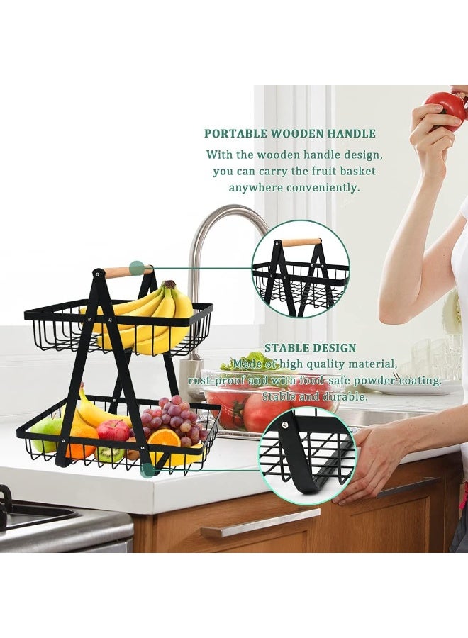 حامل فاكهة معدني دورين بتصميم سلة شبك مع يد خشب – منظم فواكه وخضروات للمطبخ متعدد الاستخدامات – ستاند تخزين أنيق للطاولة والمطبخ - Image 5