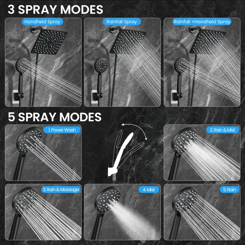 Veken High Pressure Rain Shower Head with Handheld, Multi-Functions Square Rainfall Shower Heads with 5-Mode Handheld Spray Combo, Detachable Hand Held Showerhead, Dual Matte Black Regaderas Para - Image 3