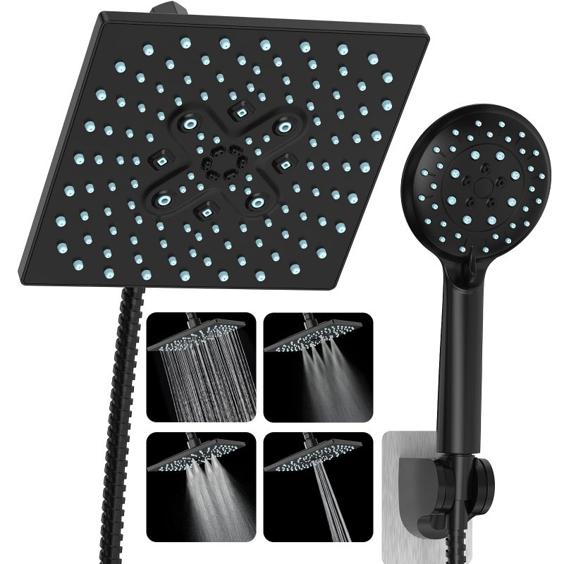 Veken High Pressure Rain Shower Head with Handheld, Multi-Functions Square Rainfall Shower Heads with 5-Mode Handheld Spray Combo, Detachable Hand Held Showerhead, Dual Matte Black Regaderas Para - Image 1